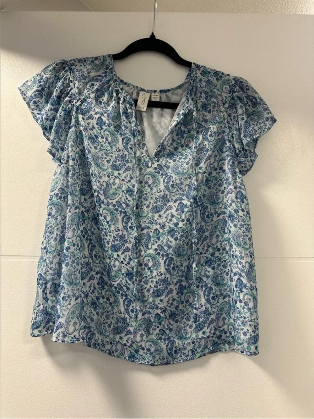Joie Paisley Chiffon Blouse XS | Blue Green Flutter Sleeve Boho Top